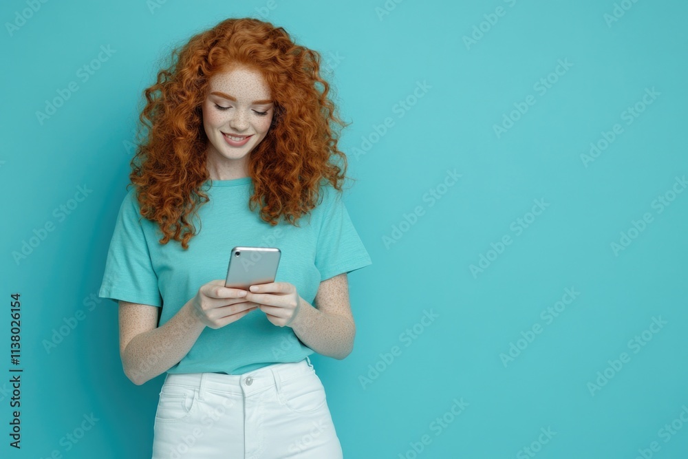 A happy, curly-haired redheaded woman using a smartphone on a blue background. A happy, curly-haired redheaded woman using a smartphone on a blue background.