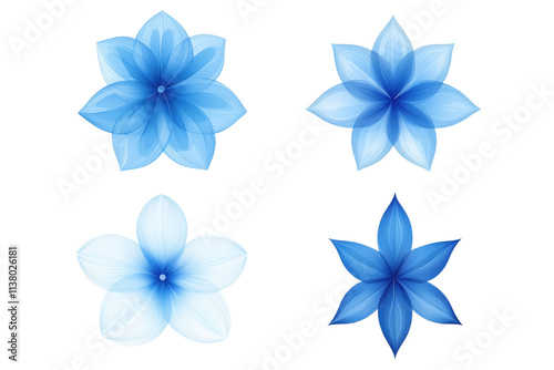 Blue floral designs, four unique flower shapes, varying shades of blue, soft gradients, delicate petals, artistic illustration, isolated on transparent background, png