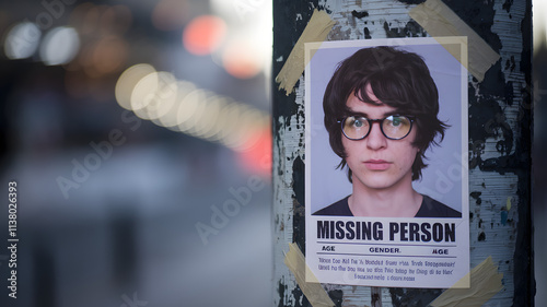 Close-up of a missing person poster with photo and text details, taped to a weathered wooden pole, conveying urgency and seriousness of the situation.