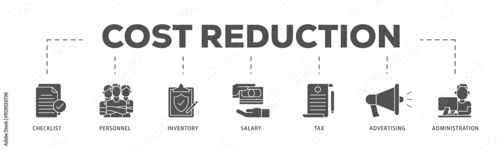 Cost reduction infographic icon flow process which consists of checklist, personnel, inventory, salary, tax, advertising and administration icon live stroke and easy to edit . Cost reduction infographic icon flow process which consists of checklist, personnel, inventory, salary, tax, advertising and administration icon live stroke and easy to edit .