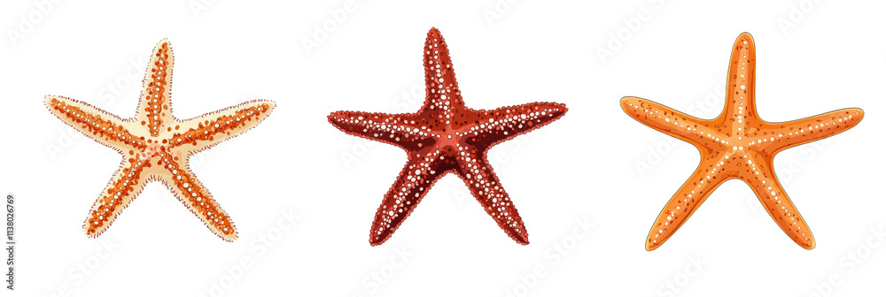 Starfish collection showcasing three distinct colors and patterns. Unique textures and shapes highlight marine life diversity., isolated on transparent background, png Starfish collection showcasing three distinct colors and patterns. Unique textures and shapes highlight marine life diversity., isolated on transparent background, png