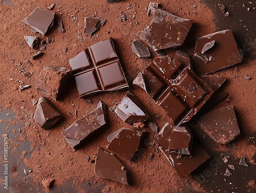 A rustic setting featuring broken chunks of chocolate bars and cocoa powder scattered photo