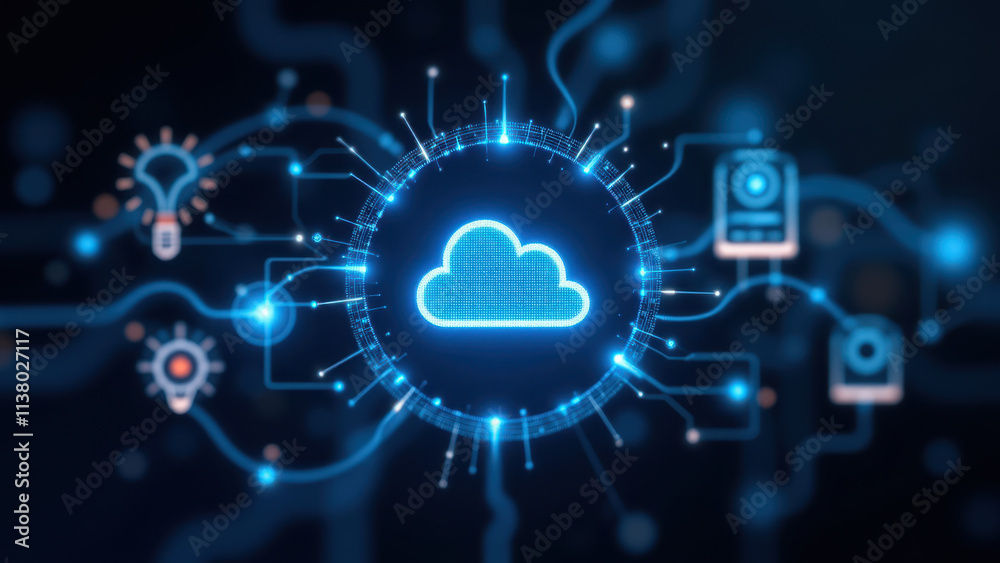 Cloud computing concept with data center elements such as server, storage, network, cloud services, and software development. Cloud computing concept with data center elements such as server, storage, network, cloud services, and software development.
