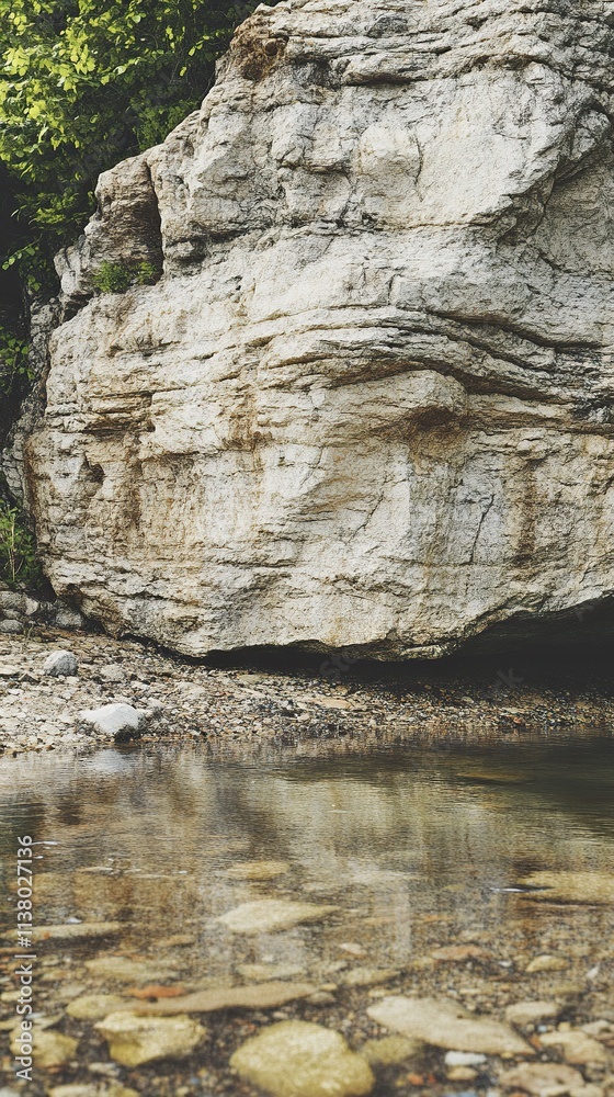 Rocky cliff face beside a calm, shallow stream. Rocky cliff face beside a calm, shallow stream.