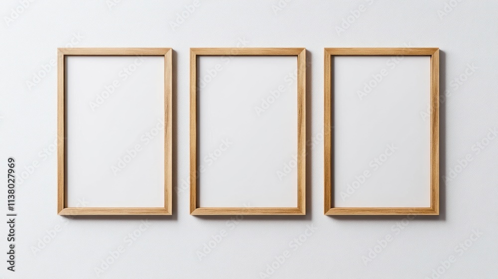 Three Empty Wooden Frames on a White Wall: A Minimalist Mockup Three Empty Wooden Frames on a White Wall: A Minimalist Mockup