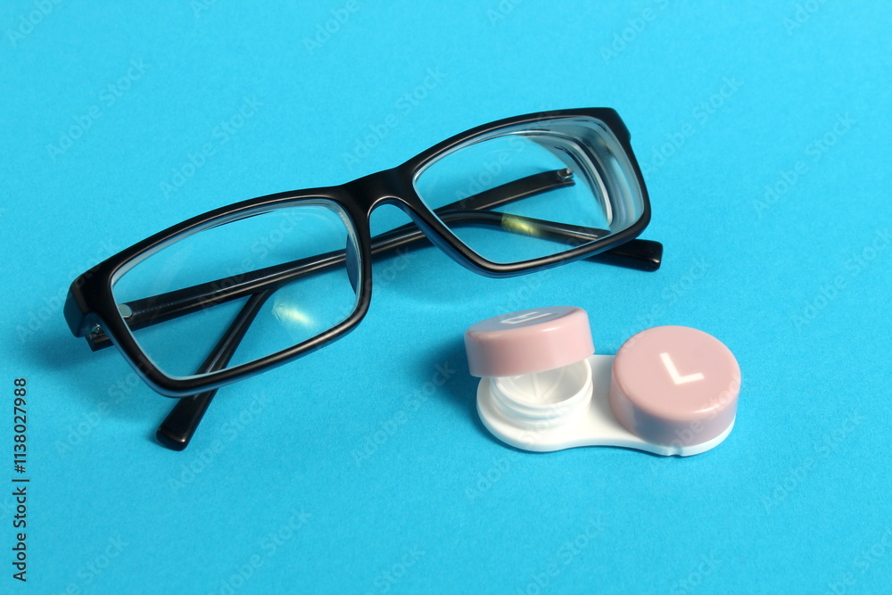 On a blue background there are glasses with containers for lenses. On a blue background there are glasses with containers for lenses.