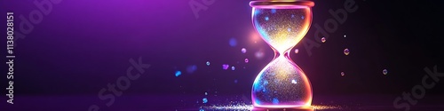 A glowing 3D hourglass with holographic particles isolated on a deep purple background