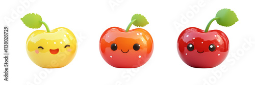 Cute cartoon apples with faces, vibrant colors, smiling expressions, yellow, orange, red, glossy finish, playful design, isolated on transparent background, png photo