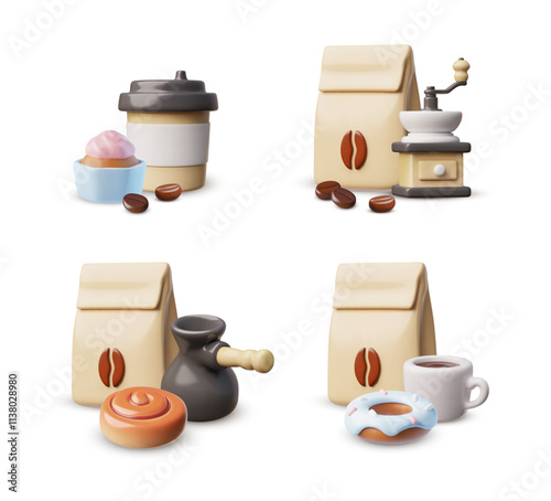 3d takeaway latte cup, paper bag with coffee beans and sweets.