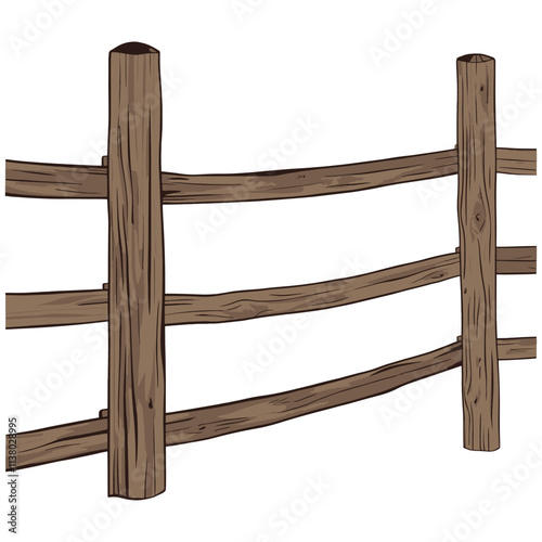 Rustic Wooden Fence with Three Horizontal Rails and Two Vertical Posts