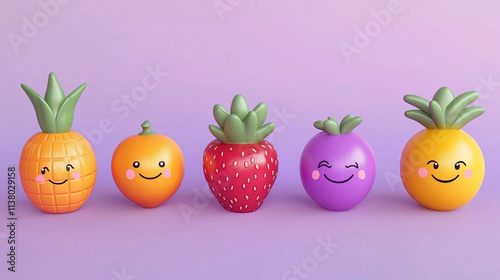 A pattern of various fruits like strawberries, oranges, and pineapples in pastel colors, each with a smiley face, on a light lilac background.