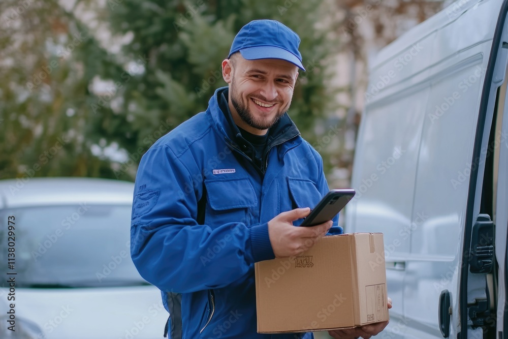 Smiling delivery man in blue uniform with cardboard box. Smiling delivery man in blue uniform with cardboard box.