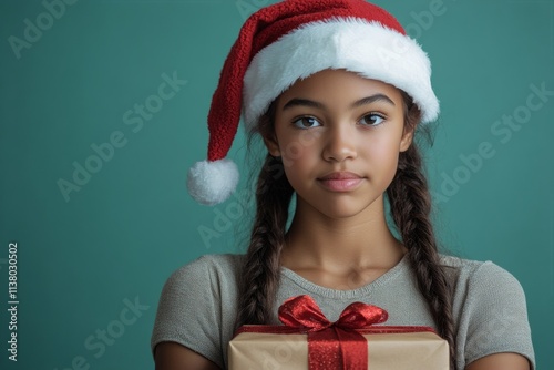 Isolated white black teenager girl in red red hat with break box in hands, on green background. Copyspace. Christmas kid greetings. Christmas studio kid. Green hat kid. Christmas kid costume. photo