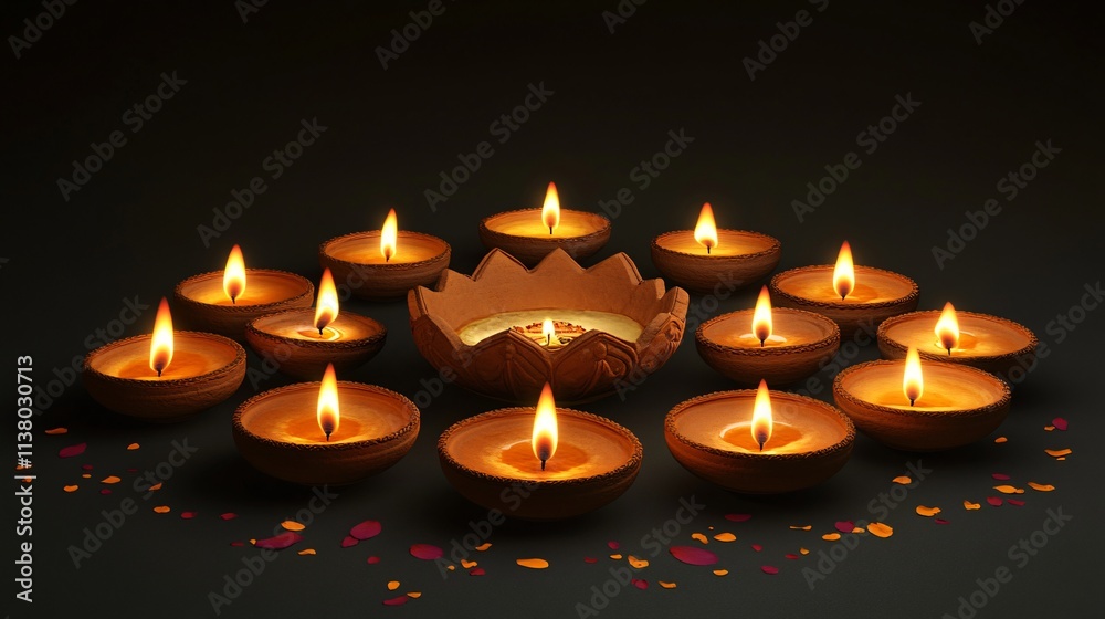 A serene arrangement of earthen lamps with glowing flames, surrounded by flower petals, creating a warm and inviting atmosphere. A serene arrangement of earthen lamps with glowing flames, surrounded by flower petals, creating a warm and inviting atmosphere.