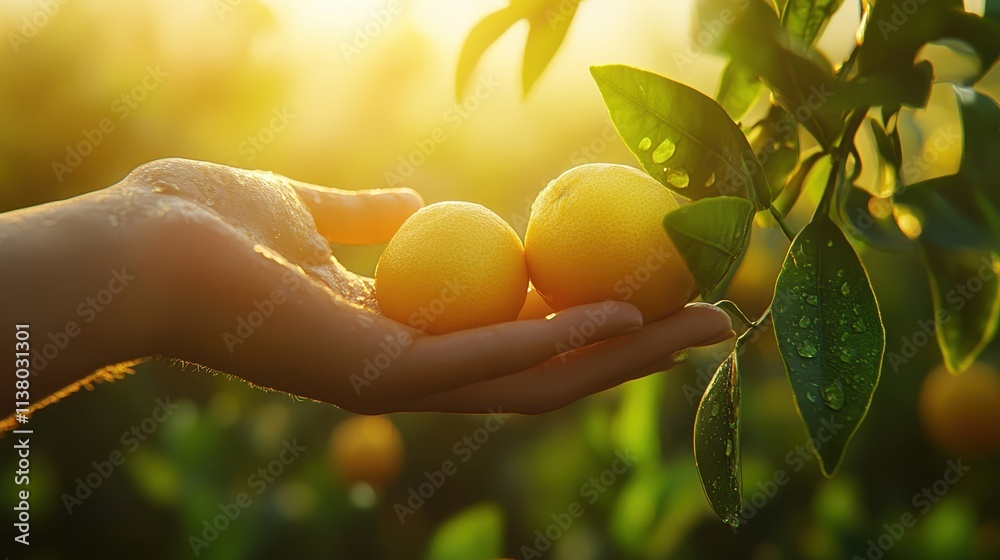Hand Reaching for Juicy Oranges on a Tree During Sunrise Hand Reaching for Juicy Oranges on a Tree During Sunrise