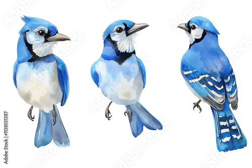 Blue Jays in various poses, vibrant blue feathers, detailed illustrations, showcasing unique features and expressions, isolated on transparent background, png photo