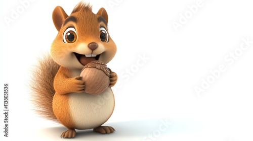 A cute cartoon squirrel holds a nut and smiles at the camera. photo