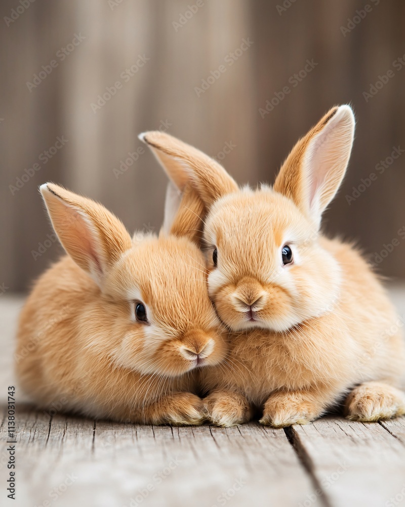 Fototapeta premium Cute fluffy rabbits cuddling
