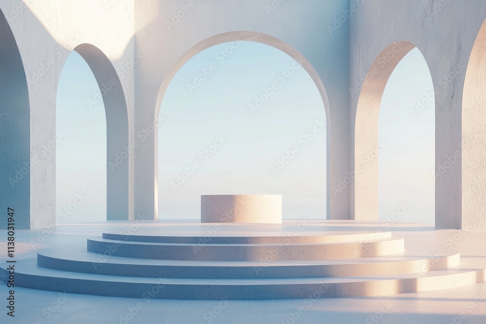 A minimalist, open-air circular room with a podium in the center, surrounded by arched doorways leading to different settings, set against an abstract background of light blue and white hues. A minimalist, open-air circular room with a podium in the center, surrounded by arched doorways leading to different settings, set against an abstract background of light blue and white hues.