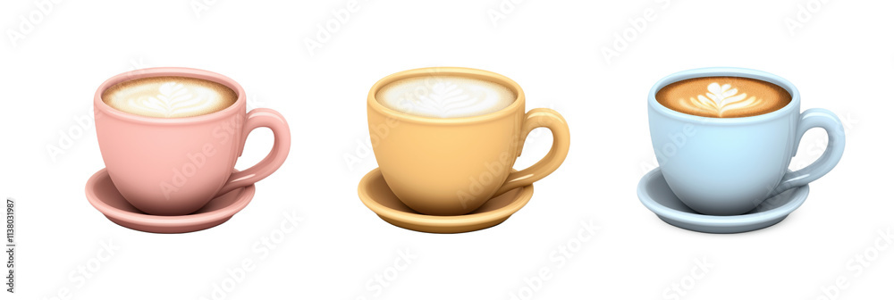 Colorful coffee cups with latte art, three cups in pink, yellow, blue, each with saucer, creamy froth designs, isolated on transparent background, png Colorful coffee cups with latte art, three cups in pink, yellow, blue, each with saucer, creamy froth designs, isolated on transparent background, png