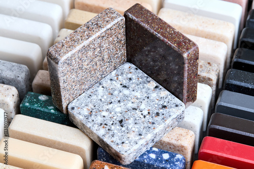 Φωτογραφία Porcelain stoneware artificial stone square samples as kitchen countertop examples of future kitchen fasade exterior