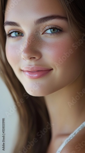 Close-up beauty portrait showcasing natural glowing skin, subtle pink lips, and striking blue eyes with soft daylight illumination creating a gentle, ethereal atmosphere and delicate facial features.