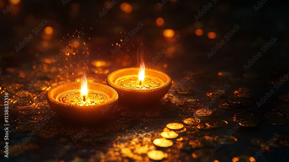 Two glowing traditional oil lamps surrounded by shimmering coins, creating a warm and festive atmosphere.