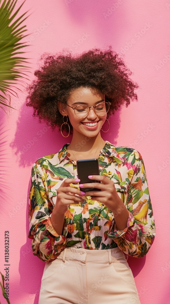 Smiling woman enjoying a sunny day, standing against a vibrant pink wall. Her colorful top and cheerful demeanor make the scene lively and joyful. Perfect for lifestyle content. Smiling woman enjoying a sunny day, standing against a vibrant pink wall. Her colorful top and cheerful demeanor make the scene lively and joyful. Perfect for lifestyle content.