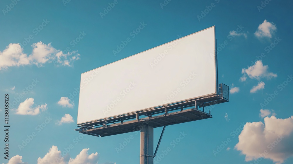 Empty billboard against a clear blue sky with fluffy clouds, ready for new advertisements. Empty billboard against a clear blue sky with fluffy clouds, ready for new advertisements.