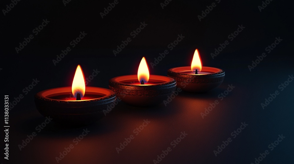 Three beautifully lit oil lamps glowing softly in a dark setting. Three beautifully lit oil lamps glowing softly in a dark setting.
