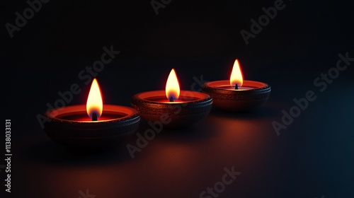 Three beautifully lit oil lamps glowing softly in a dark setting.