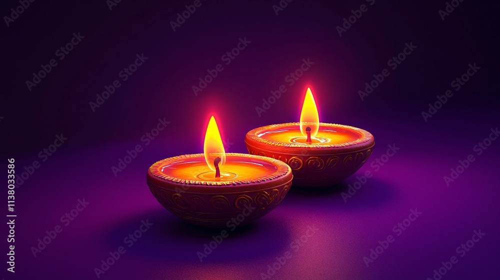 Two beautifully crafted clay lamps with flickering flames, casting a warm glow against a deep purple background. Two beautifully crafted clay lamps with flickering flames, casting a warm glow against a deep purple background.