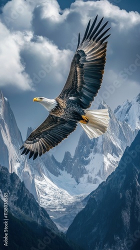 majestic eagle soaring above rugged mountain peaks, natural and powerful composition, bold and dynamic focus, serene and inspiring atmosphere photo