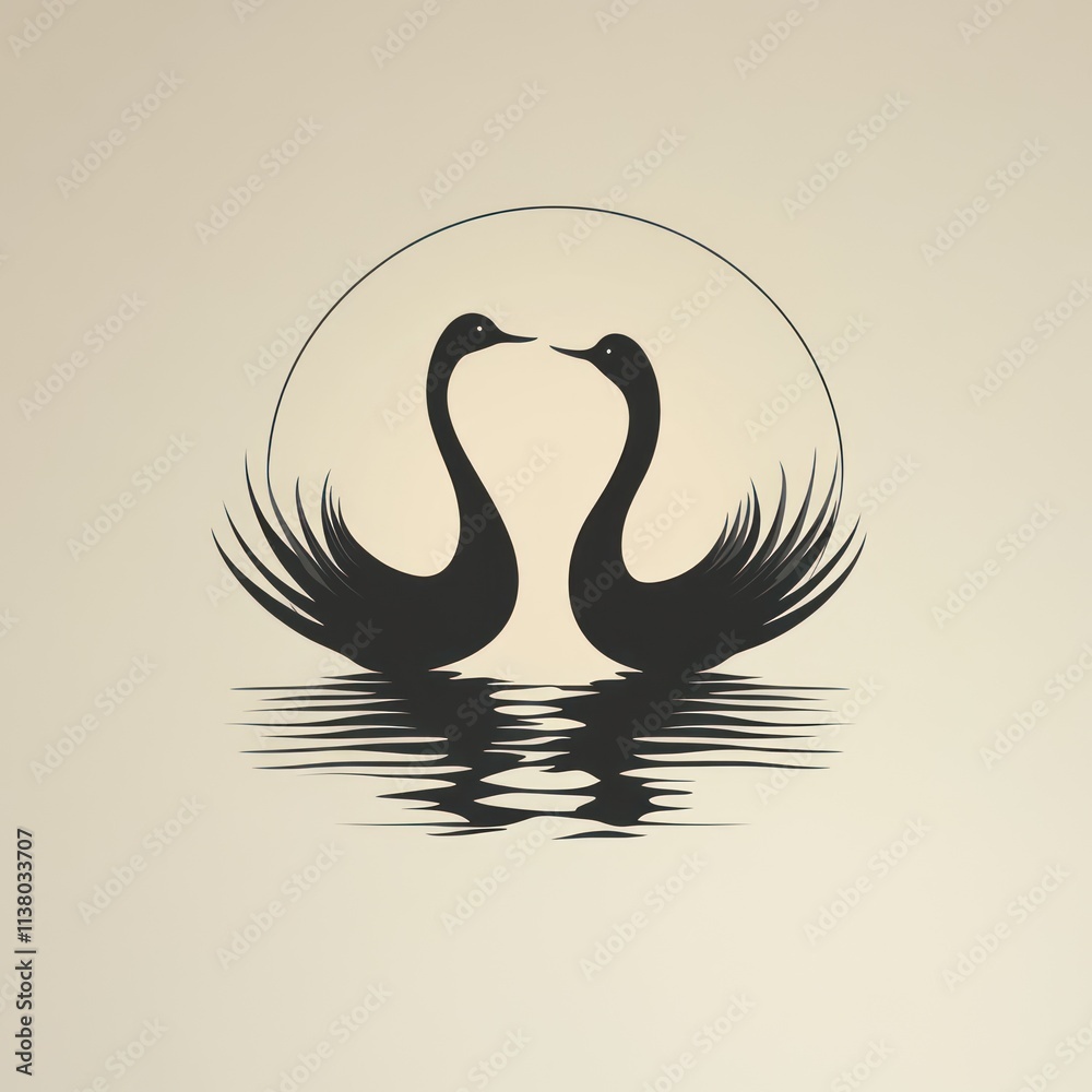 Fototapeta premium Two elegant black swans facing each other, reflected in calm water under a large sun or moon.