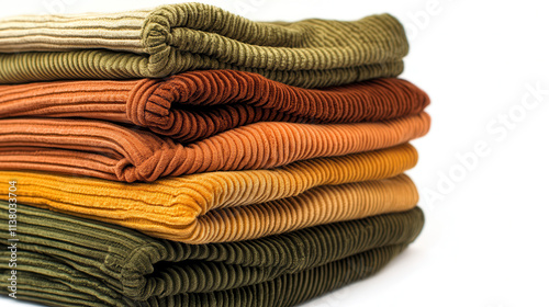 A stack of folded corduroy trousers in earth tones like olive green, burnt orange, and mustard yellow, detailed ridges of fabric creating rich textures, clean lines and precise edges that emphasize th photo