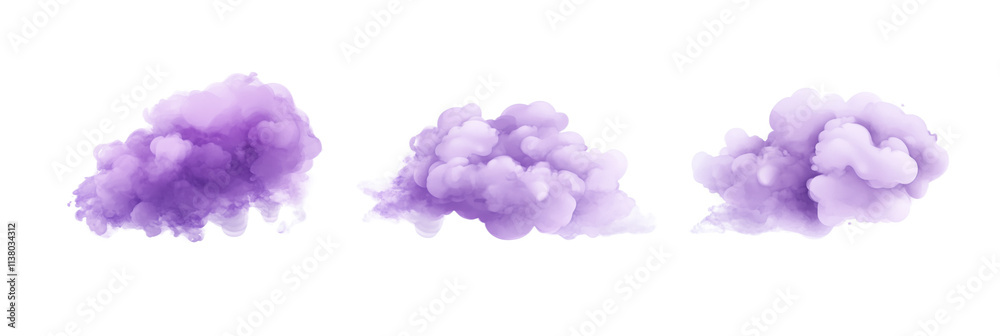 Purple smoke clouds, soft and fluffy, three distinct formations, light background, isolated on transparent background, png