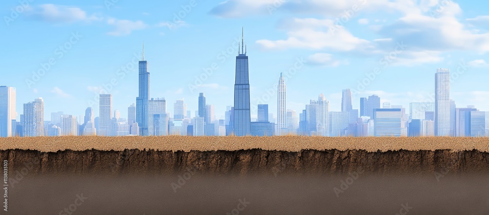 Cityscape above ground level; revealing soil below. Cityscape above ground level; revealing soil below.
