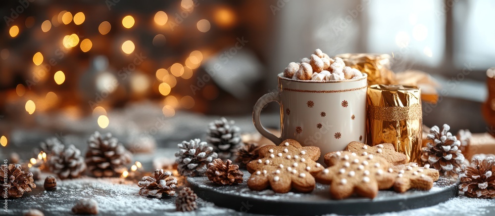 Cozy Christmas scene with hot cocoa, gingerbread cookies, pine cones, and gifts. Cozy Christmas scene with hot cocoa, gingerbread cookies, pine cones, and gifts.