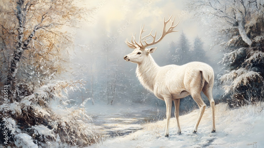 A majestic white deer with perfect antlers, and beautiful winter scenery A majestic white deer with perfect antlers, and beautiful winter scenery