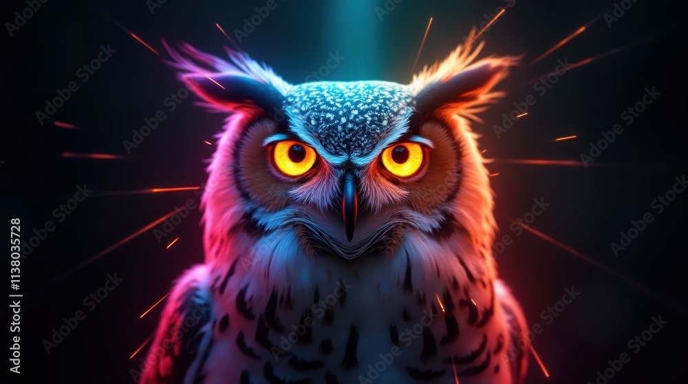 Majestic Owl Illuminated by Colorful Lights and Laser Beams Majestic Owl Illuminated by Colorful Lights and Laser Beams