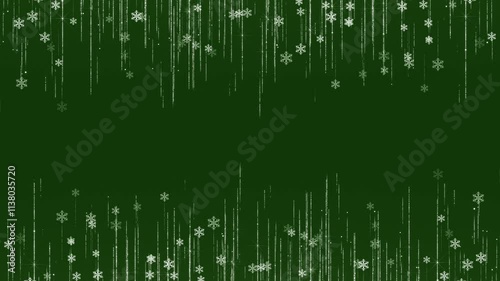 Glitter particles and snowflakes frame on a green background