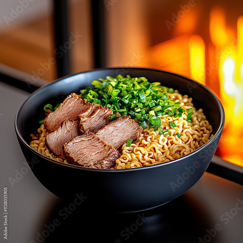 Delicious bowl of ramen noodles topped with tender meat and green onions by a warm fire photo