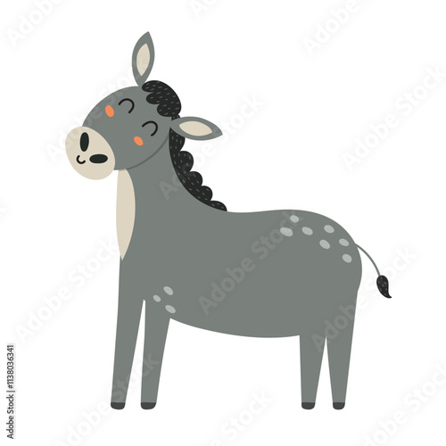 Cute donkey isolated on white background. Funny farm animal clipart for kids design. Vector illustration