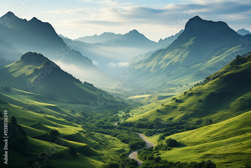 misty morning hours unveil a mountain range's awe-inspiring allure, with its rugged terrain, soft illumination, and inherent tranquility that mountains so often bestow photo