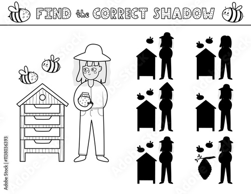 Find the correct shadow black and white activity page for kids with a cute girl beekeeper and bees. Shadow matching game in outline with a farm character. Vector illustration