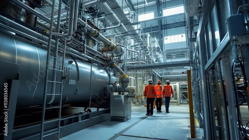 Three industrial engineers walking through a spacious, modern facility, discussing innovative processes and inspecting advanced machinery in a clean, efficient manufacturing environment
