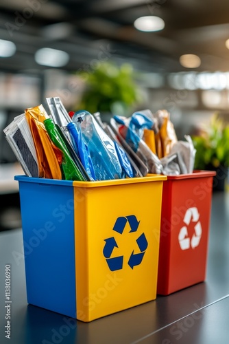 Colorful recycling bins filled with assorted plastic and paper waste in a modern office environment photo