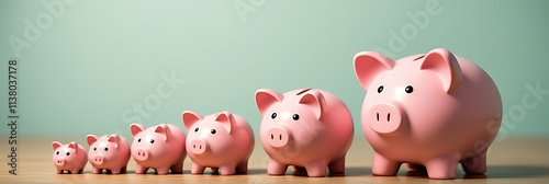 Piggy banks in varying sizes sit on a wooden table, illustrating savings and investment growth over time naturally._00003_ photo