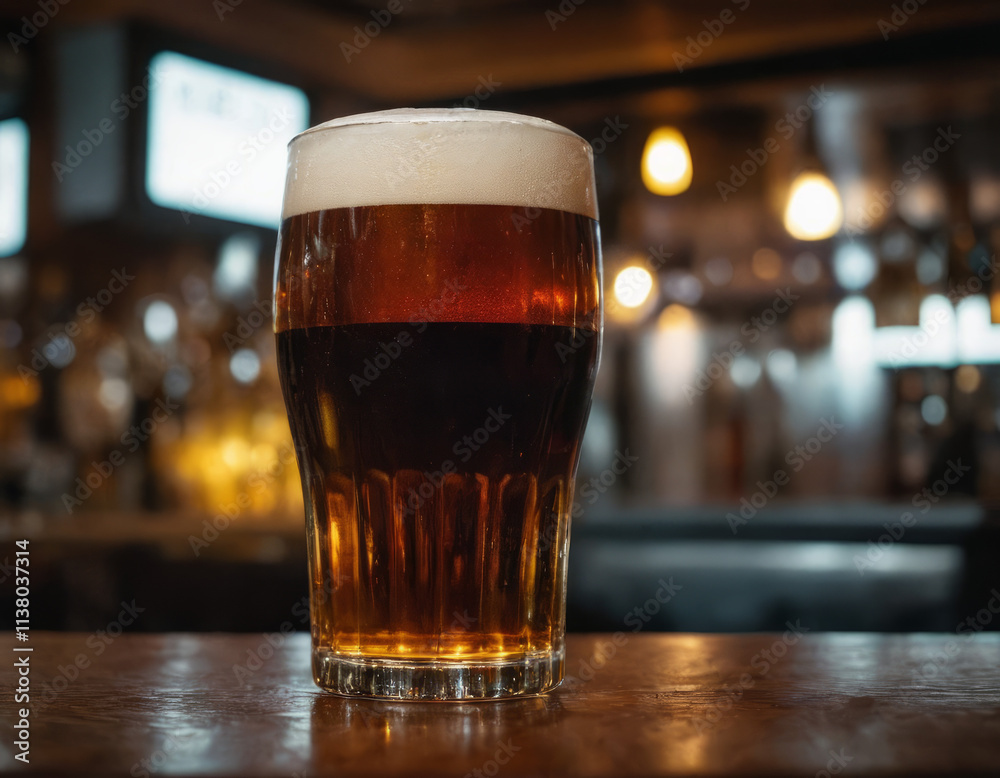 A glass of dark amber beer, highlighted by soft bar lighting. A glass of dark amber beer, highlighted by soft bar lighting.