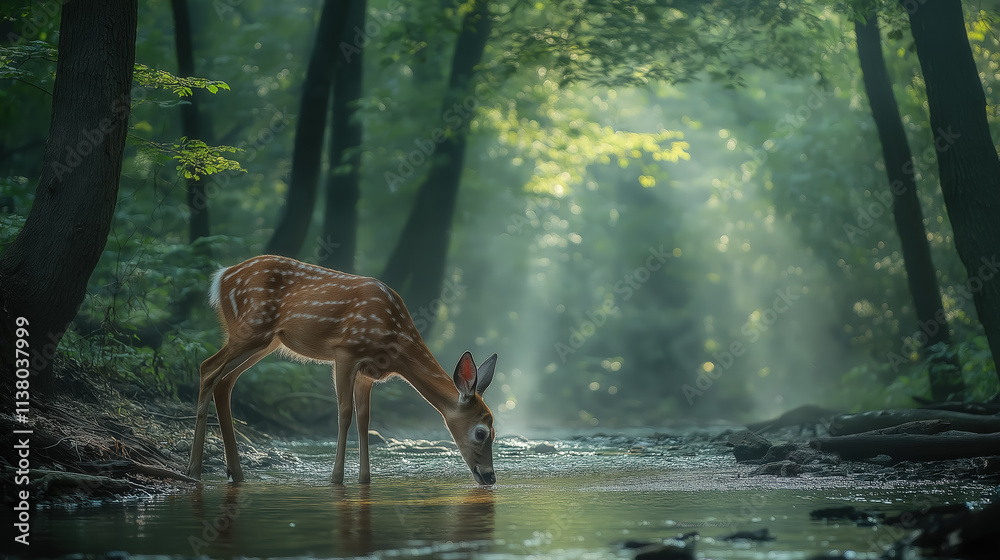 A deer cautiously sipping water from a crystal-clear forest stream, with dappled sunlight breaking through the trees A deer cautiously sipping water from a crystal-clear forest stream, with dappled sunlight breaking through the trees